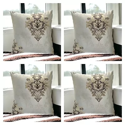 Damask Grey Cream Embossed Cushion Covers Jacquard Fabric 18 X 18  In - Set Of 4 • £14.99