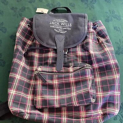 Jack Wills - Rucksack Backpack Bag Lined Navy Blue/pink Check Tartan Cotton Vgc • £8.99