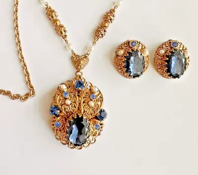 Vintage W. Germany Gold Tone Blue Rhinestone Faux Pearl Necklace & Earrings Set • $174.95