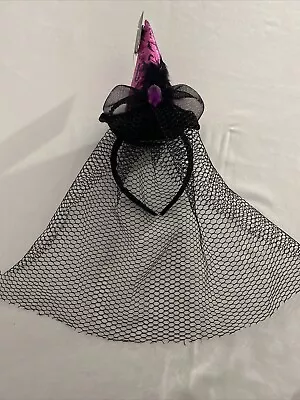 Mini Witch Hat Headband Veil Feather Halloween Costume Party Metallic ￼Purple • $14.95