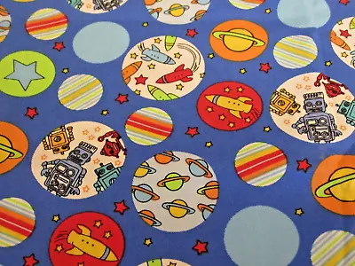 Cotton Fabric Robots Robots Multicolored On Blue Exclusively Quilters 1yd X 44 • $9.75