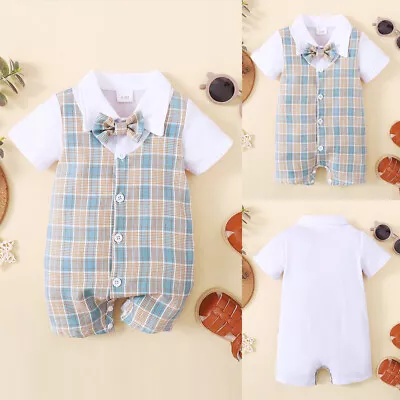 Baby Boy Infant Check Button Turn-down Collar Shirts Suspender Pants Sets Romper • $15.15