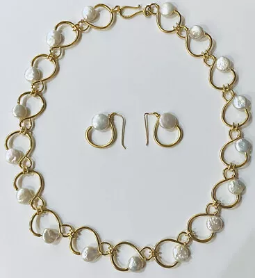 Mma Bm Co. .925/coin Pearls 18” Retro Gold-tone Necklace And Earrings-1” Set • $525