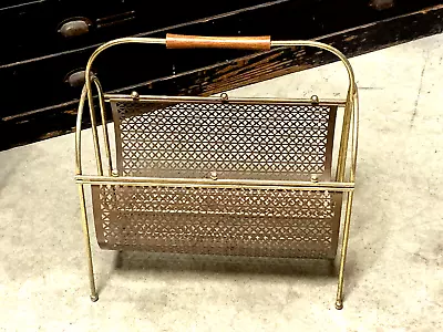 VTG Mid Century Brass Steel Magazine Album Record Rack Holder W/ Teak Handle • $180