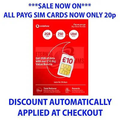 PAYG VODAFONE BIG VALUE BUNDLE 20 SIM 8GB NOW ONLY 20p (DISCOUNT AUTO APPLIED) • £0.99