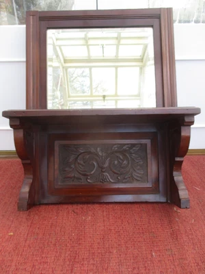 £25 • Buy Antique Beveled Mirror With Wooden Shelf And Carved Side And Lower Panels