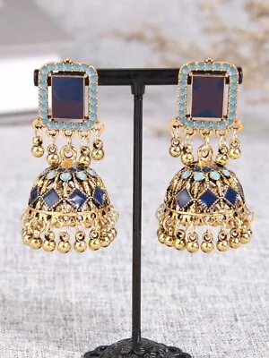 Gold And Blue Coloured Jhumka Earrings Indian Desi Fashion • $19.95