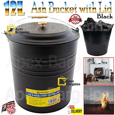 12L Metal Ash Bucket Fireside Storage Coal Bin Fire Log Container With Lid Black • £11.25