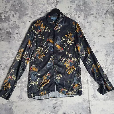 Mens Zara Black Button Down Shirt Medium Asian Chinese Cockerel Crazy Pattern • £19.95