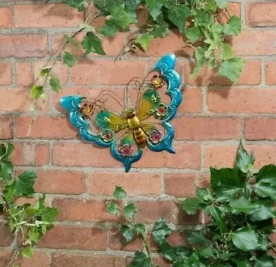 39cm Blue Metallic Butterfly Wall Art With Jewels Jewelled For Garden Decor • £14.98