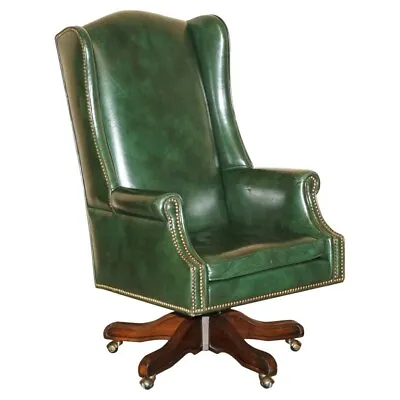 Vintage Heritage Green Leather Captains Wingback Office Swivel Directors Chair • £1950