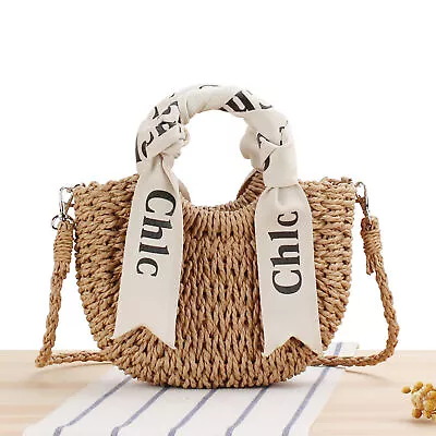 Women Straw Bag Hand-Woven Handbag Moon Shape Beach Shoulder Crossbody Bag • $28.49