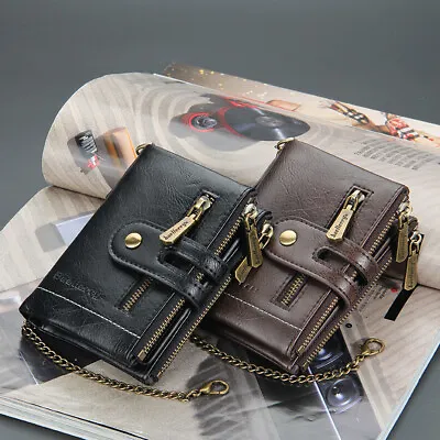 $12.35 • Buy US Mens Bifold Leather Wallet With Chain Credit Card Holder Short Purse Billfold