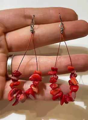 Vintage Red Bamboo Branch Coral Beads Silver Tone Dangle Hook Earrings • $26.99