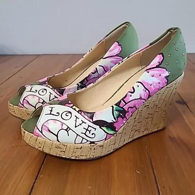 Ed Hardy Shoes Womens Size 10 Wedge Platform Cork Love Rinestones • $30