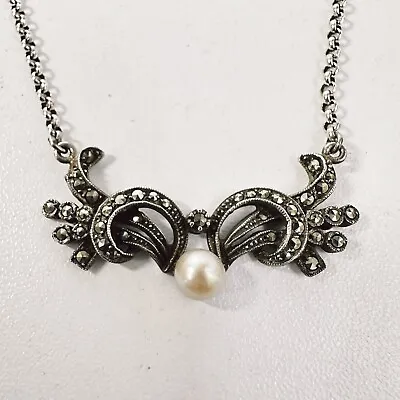 VINTAGE 1950 MARCASITE & CREAM PEARL NECKLACE STERLING SILVER 925 Jewellery T4 • $89.99