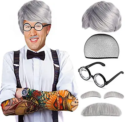 Old Man Mad Scientist Wig Set Grandpa Costume - Wig Eyebrows Mustache Glasses • $26.82