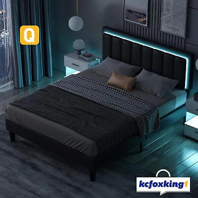 Queen Size Bed Frame PU Leather Platform Mattress Base With LED Light Black • $229.49