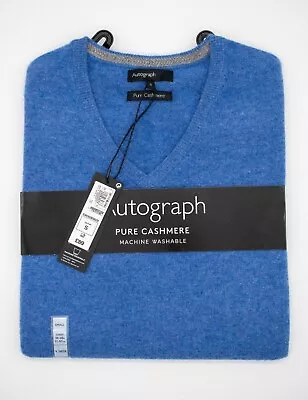 M&S Pure Cashmere V-Neck Jumper In Blue RRP £89 • £44.99