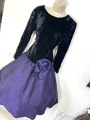 Black Dress Long Sleeve 80s Prom Purple Taffeta Cocktail Party 10 • £40