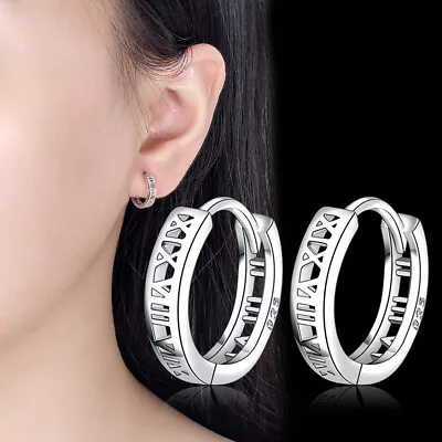 925 Sterling Silver Roman Numeral Hoop Huggie Earrings Stud Women Simple Jewelry • $6.51