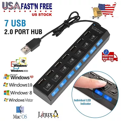 7-Port USB 2.0 Multi Charger Hub +High Speed Adapter ON/OFF Switch Laptop PC New • $9.33