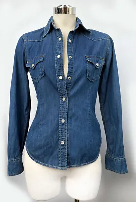 Ed Hardy Christian Audigier Blue Denim Jean Long Sleeves Shirt VINTAGE Y2K Small • £30.84