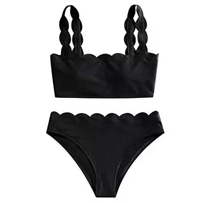 ZAFUL Womens Scalloped Textured Swimwear High Waisted Wide Strap Adjustable Back • $7.99
