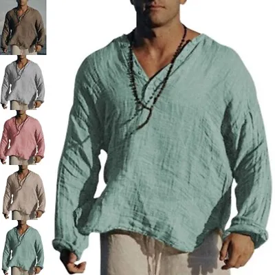 Men Tops Long Sleeve Blouse Mens Slim Fit Front Buttons Holiday Tunic Shirt • £14.17