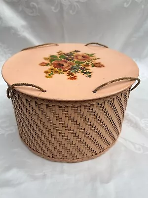 Vintage Round Harvey Pink Peach Sewing Basket 11 X 6 1/4 MCM Wicker Flowers GUC • $27.75