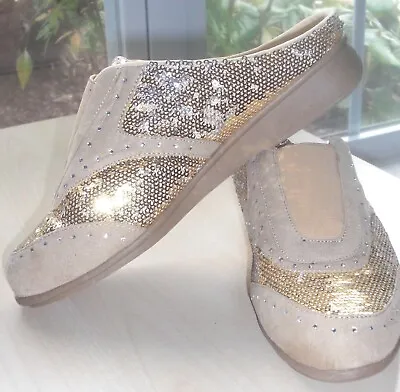 Joan Boyce 7 M Gold & Silver Sequin & Rhinestone Tan Beige Comfort SlipOn Shoes • $24