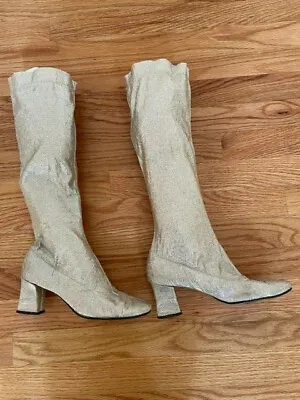  1960s Vintage Mod GoGO Boots Gold Silver Lamé Glitter Stretch  Size 6 SMASHING • $259.99