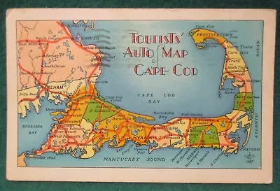 Estate Sale ~ Vintage Postcard - Touriste Auto Map Of Cape Cod  1940 • $2.50