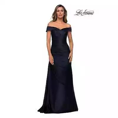 LA FEMME NEW $418 Off-The-Shoulder Satin Evening Gown In Navy 28103 Size 2 • $107.99