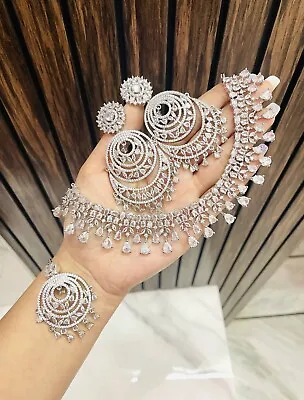 Designer Indian Bollywood Silver Plated White CZ Necklace Jhumka Tika Set • $35.59