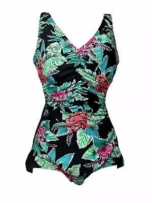 Floral Ruched Swimsuit V Neck Wireless Unpadded Bra One Piece GABAR Sz 8 • $14.99