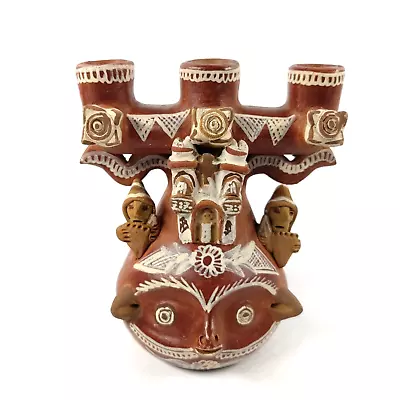 VTG Clay Terracotta Peruvian Peru Quinua Folk Art Pottery Church Candelabra 5.5  • $59.95