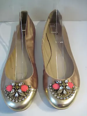 J. Crew Dusry Pink Satin Flats W/ Rhinestones Gold Leather Cap Size 9 1/2 • $55.20