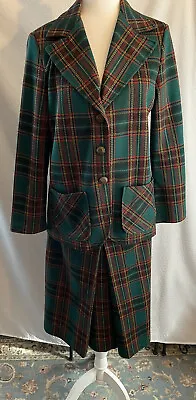 Vintage Jack Winter Skirt Suit 70s Plaid 16 Mod Wide Lapels • $59