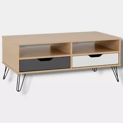 RAINBY 1m Coffee Table 2 Drawer Oak White Grey Finish Metal LEGS Storage Shelf • £56.99