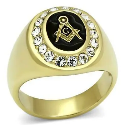 £21.99 • Buy Mens Masonic Ring Gold Cz Onyx Signet Pinky Oval 18kt Steel All Sizes New 766