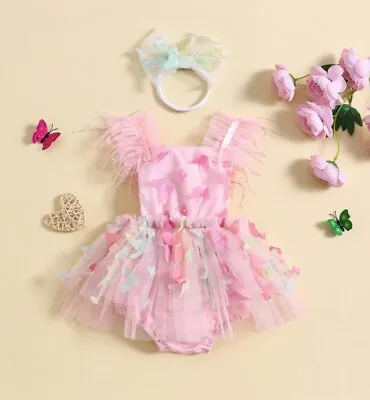 Baby Girl 1st Birthday Dress Cake Smash Outfit Baby Butterfly Dress Headband Set • £16.99