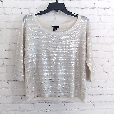 H&M Sweater Womens Medium Beige Silver Striped Shiny Scoop Neck Knit Pullover • $18