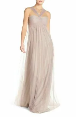 Monique Lhuillier Bridesmaids Reverse Halter Tulle Gown SZ 16 Mink • £103.46