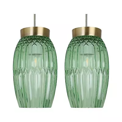 Set Of 2 Green Faceted Glass Pendant Shades Easy Fit Ceiling Lightshade • £21.99