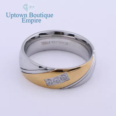 Men's Stainless Steel Two Tone CZ Micro Paved Engagement Ring Band Size 8-13 *GC • $11.99