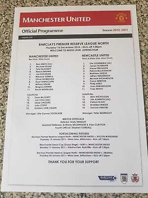 PROGRAMME/TEAMSHEET PREMIER RES LEAGUE NORTH MAN UTD V NEWCASTLE 16th Dec 2010 • £1.29