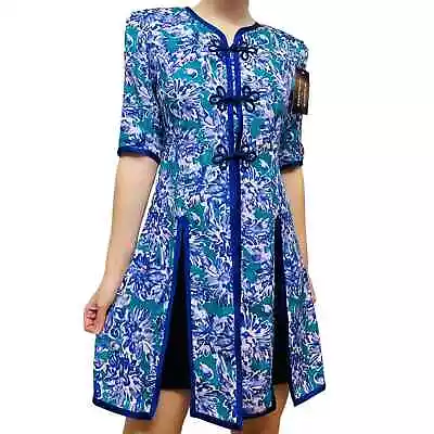 Vintage Maggie Shepherd Dress Qipao Asian Style Blue Split Mini Size Extra Small • $50