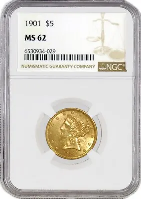 1901 $5 Liberty Head Half Eagle Gold NGC MS62 Uncirculated Coin • $699.99