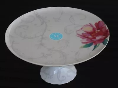 C-363 Martha Stewart Pedestal White Cake Plate Stand With Pink Peony • $24.95